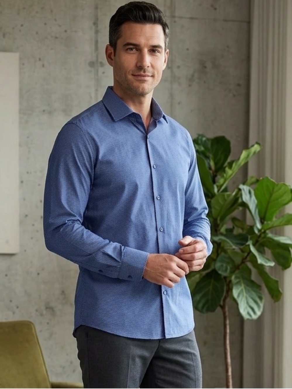 SAYKi Men’s Slim Fit Dress Shirt - Blue Geometric Micro-Pattern Size Large